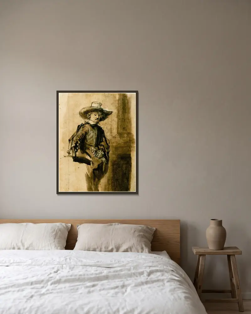 Studie för en av syndikerna, Volckert Jansz. av Rembrandt van Rijn inramad på en vägg
