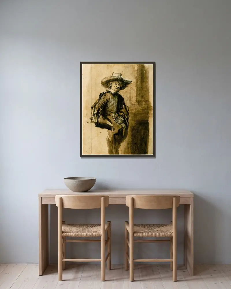 Studie för en av syndikerna, Volckert Jansz. av Rembrandt van Rijn inramad på en vägg