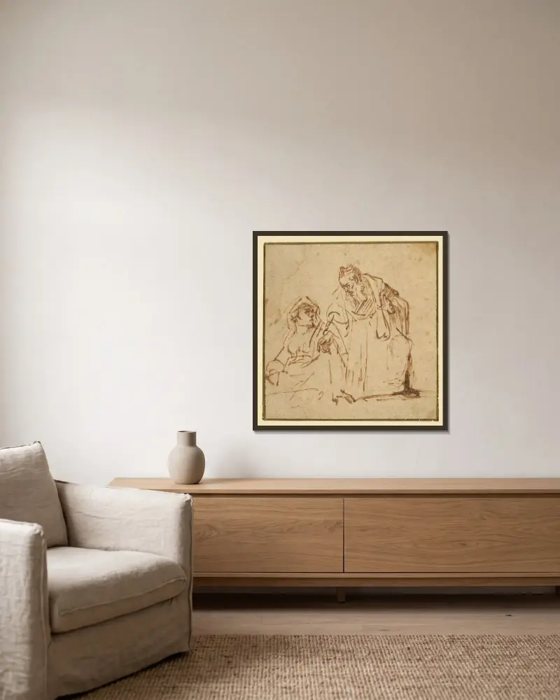Studie av en man som talar med en kvinna sittande till vänster av Rembrandt van Rijn inramad på en vägg