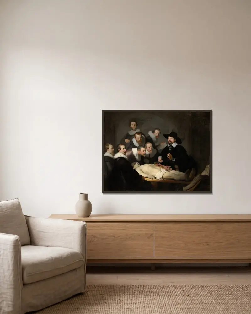 The Anatomy Lesson of Dr Nicolaes Tulp av Rembrandt van Rijn inramad på en vägg