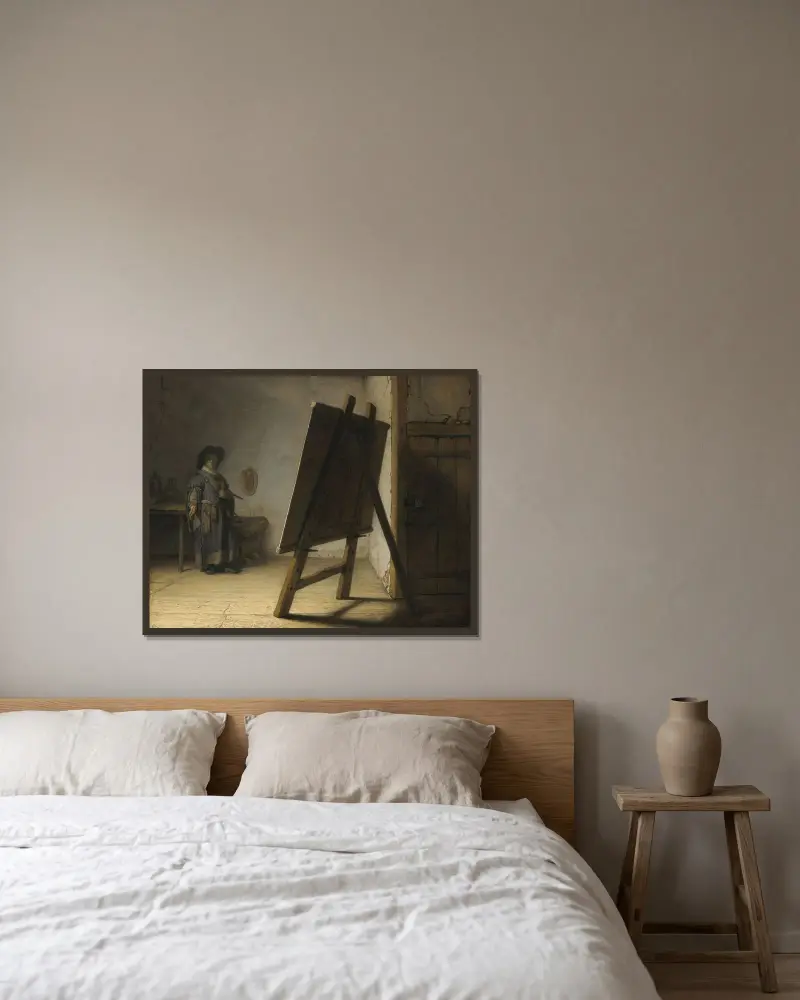 The Artist In His Studio av Rembrandt van Rijn inramad på en vägg