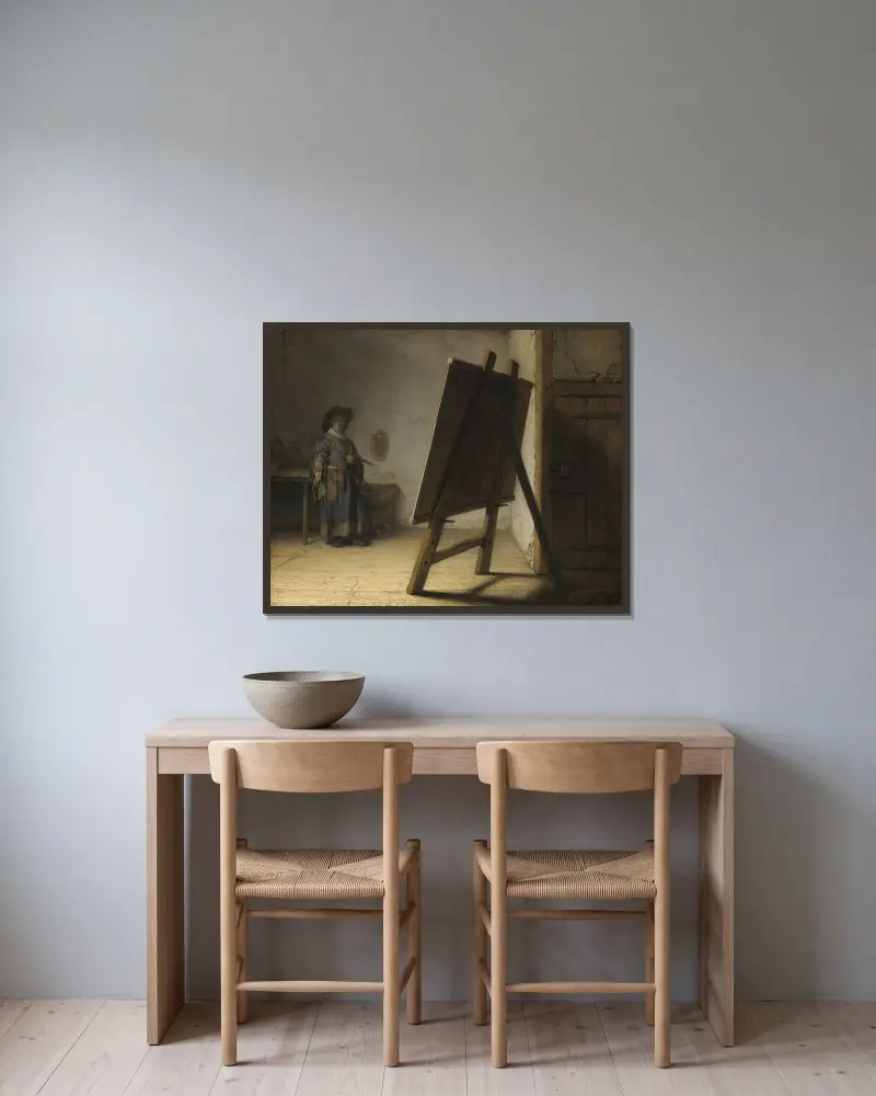 The Artist In His Studio av Rembrandt van Rijn inramad på en vägg
