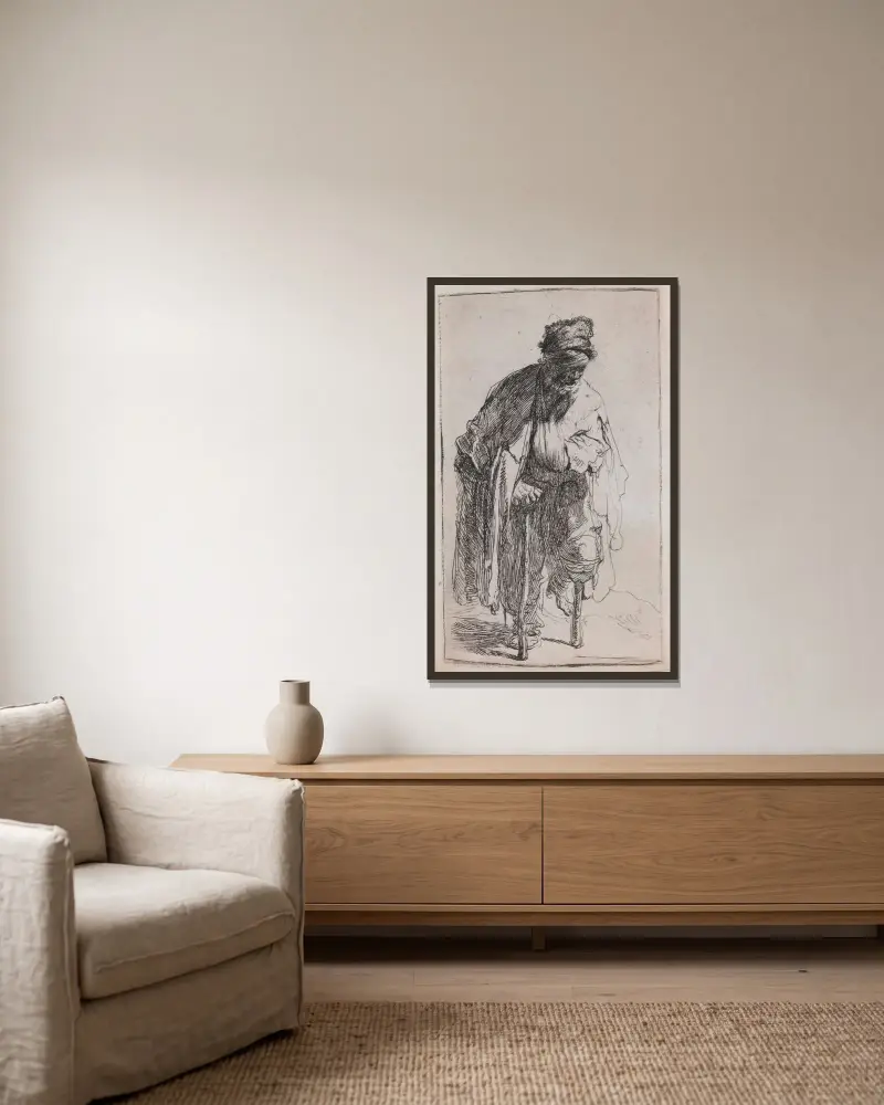 Tiggaren med träben av Rembrandt van Rijn inramad på en vägg