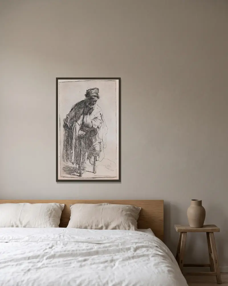Tiggaren med träben av Rembrandt van Rijn inramad på en vägg