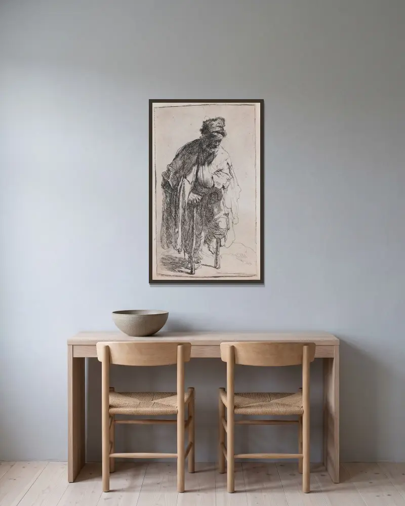 Tiggaren med träben av Rembrandt van Rijn inramad på en vägg