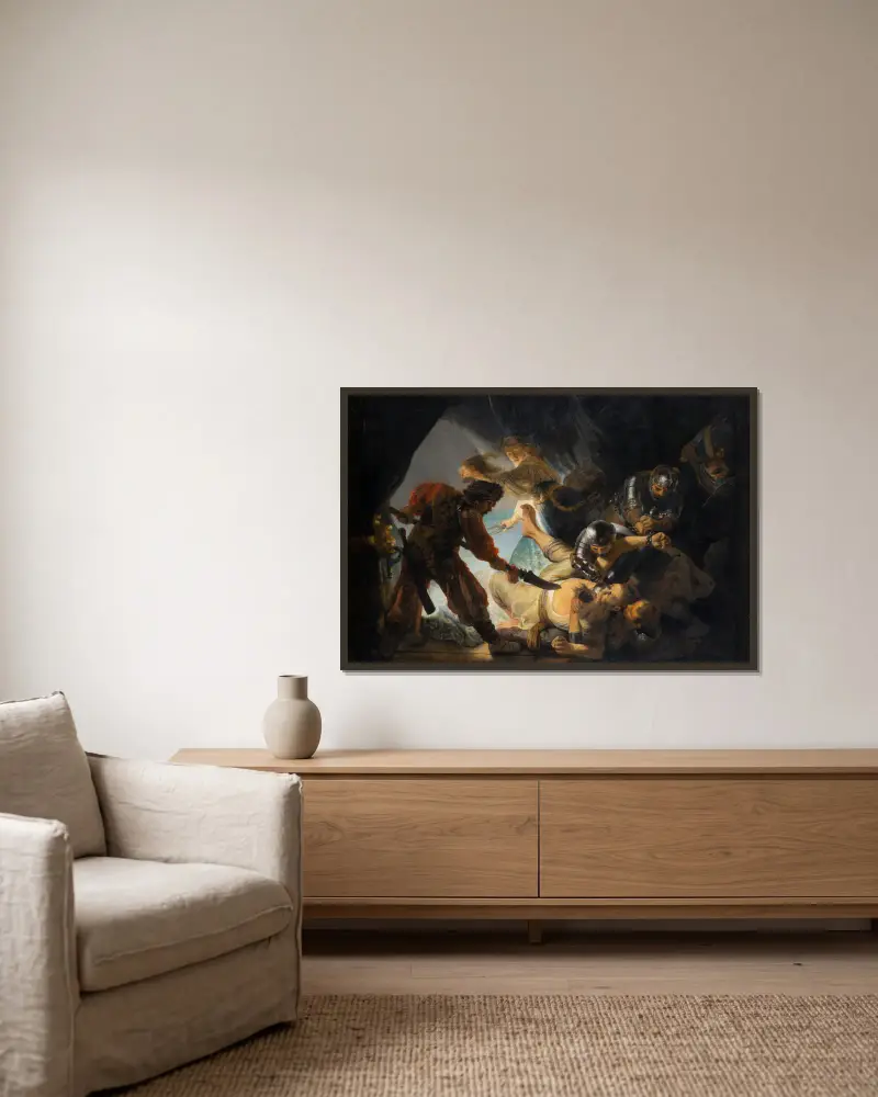 Die Blendung Simsons von Rembrandt van Rijn gerahmt an einer Wand