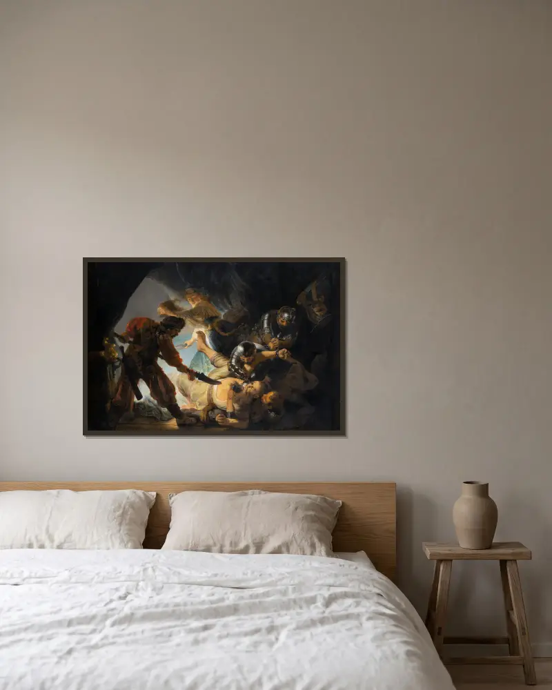 Die Blendung Simsons von Rembrandt van Rijn gerahmt an einer Wand