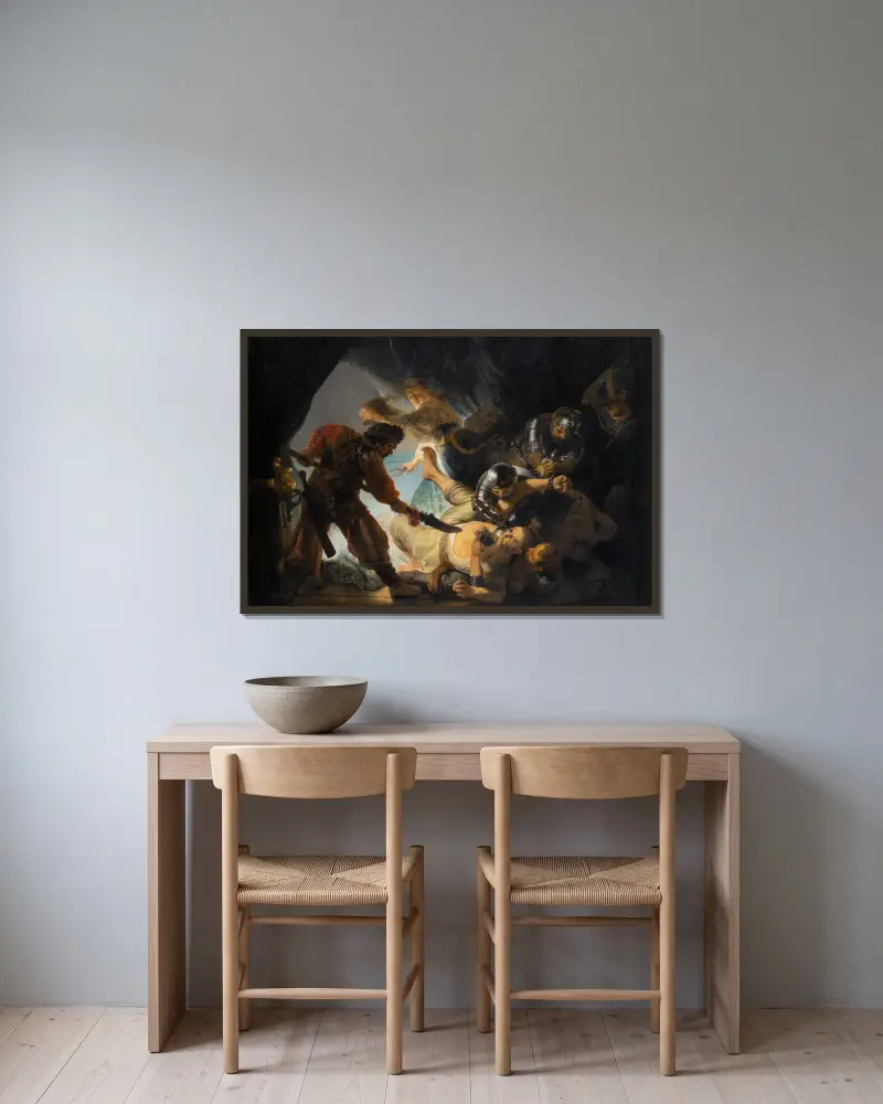 Die Blendung Simsons von Rembrandt van Rijn gerahmt an einer Wand