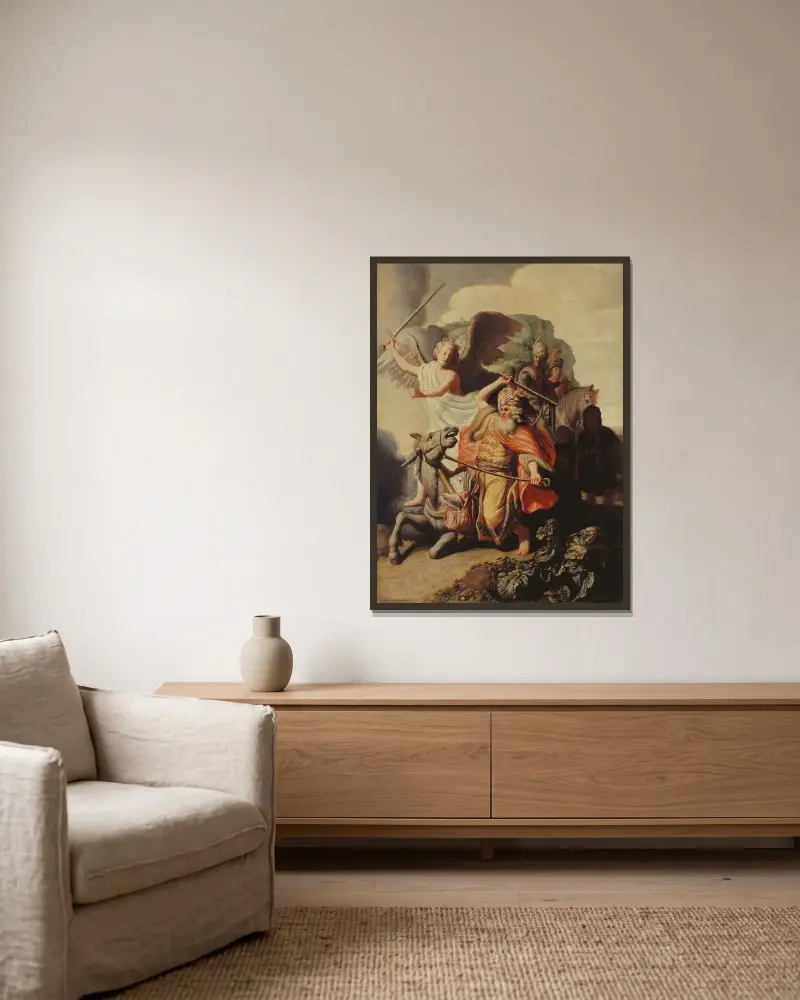 Bileams åsninna av Rembrandt van Rijn inramad på en vägg
