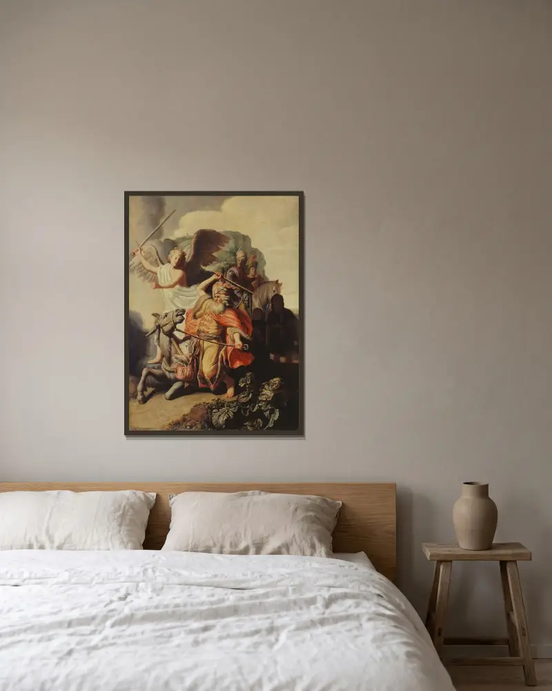 Bileams åsninna av Rembrandt van Rijn inramad på en vägg