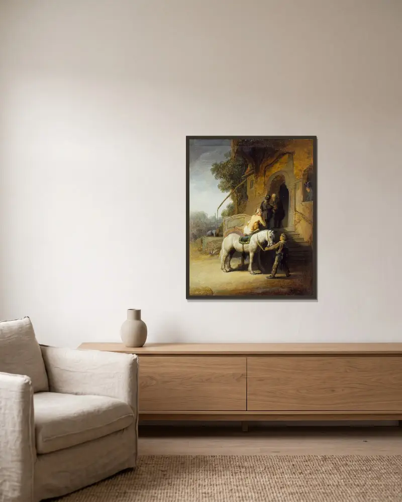 The Good Samaritan av Rembrandt van Rijn inramad på en vägg