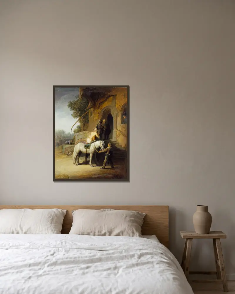 The Good Samaritan av Rembrandt van Rijn inramad på en vägg