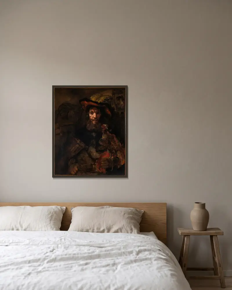 Der Ritter mit dem Falken von Rembrandt van Rijn gerahmt an einer Wand