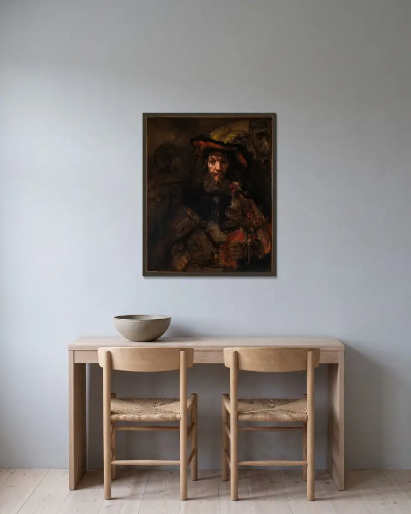 Der Ritter mit dem Falken von Rembrandt van Rijn gerahmt an einer Wand