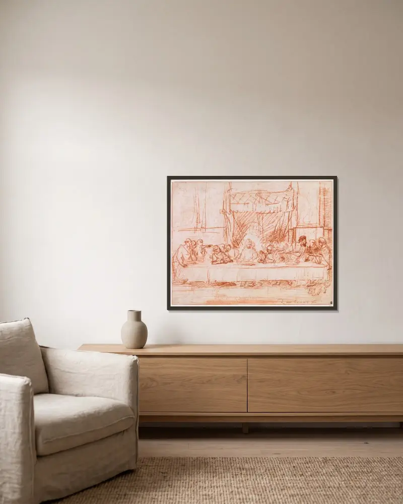 Das Abendmahl, nach Leonardo da Vinci von Rembrandt van Rijn gerahmt an einer Wand