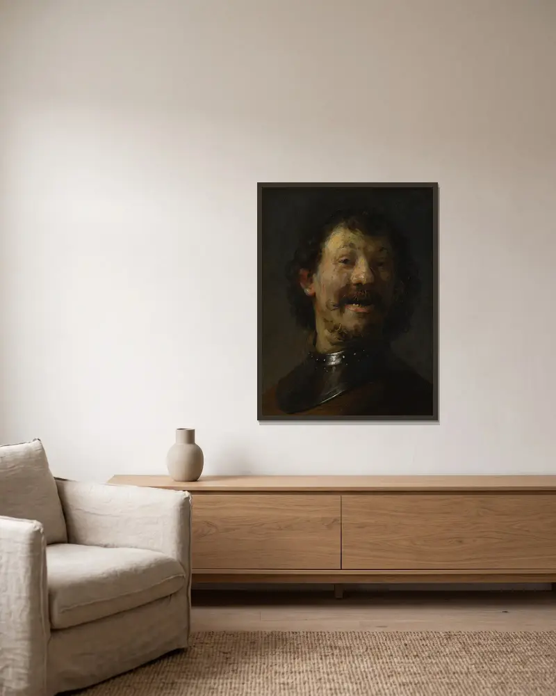 The Laughing Man av Rembrandt van Rijn inramad på en vägg