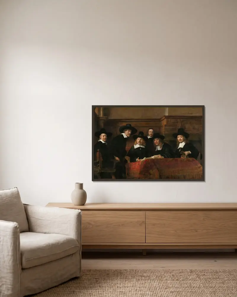 The Sampling Officials of the Amsterdam Drapers’ Guild, Known as ‘The Syndics’ av Rembrandt van Rijn inramad på en vägg