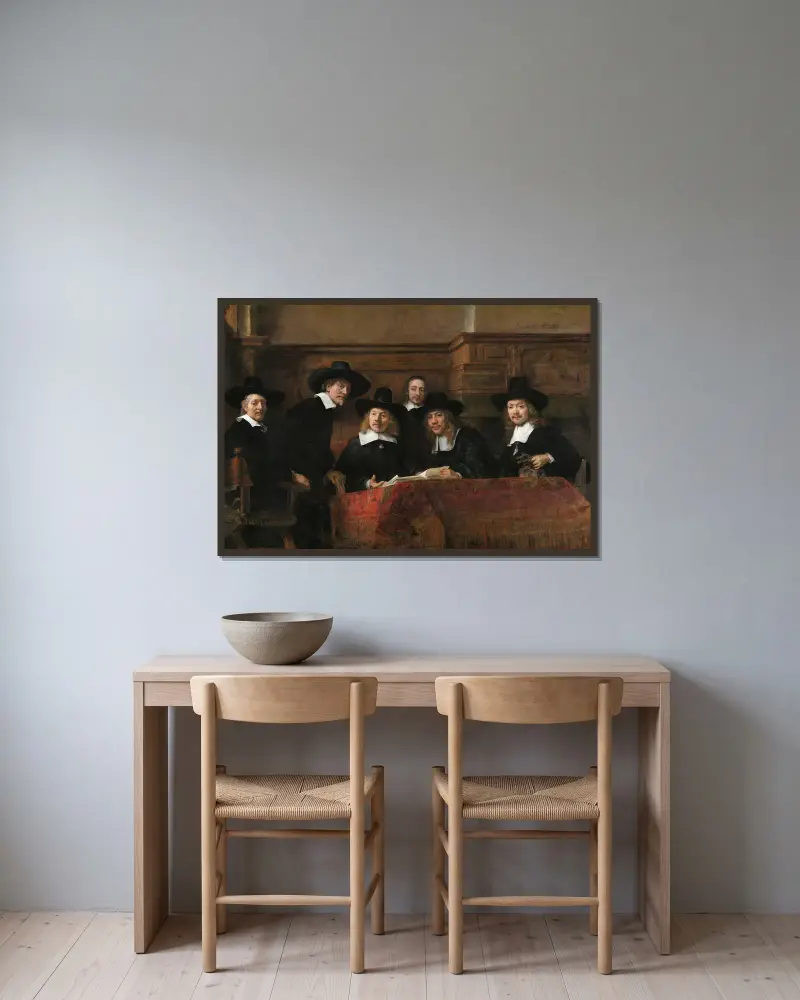 The Sampling Officials of the Drapers’ Guild av Rembrandt van Rijn inramad på en vägg