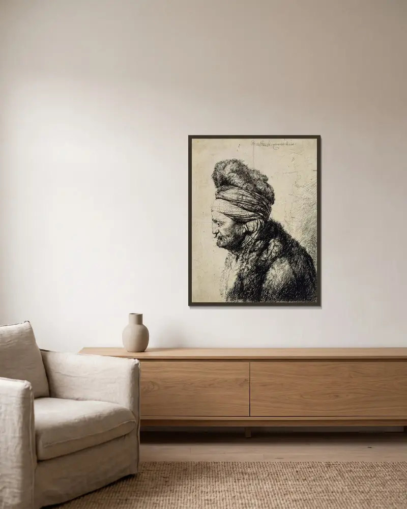 Der zweite orientalische Kopf von Rembrandt van Rijn gerahmt an einer Wand