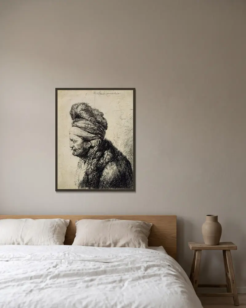 Der zweite orientalische Kopf von Rembrandt van Rijn gerahmt an einer Wand