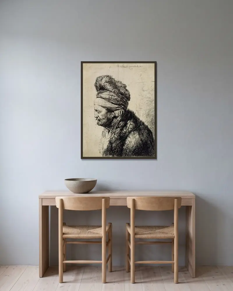 Der zweite orientalische Kopf von Rembrandt van Rijn gerahmt an einer Wand