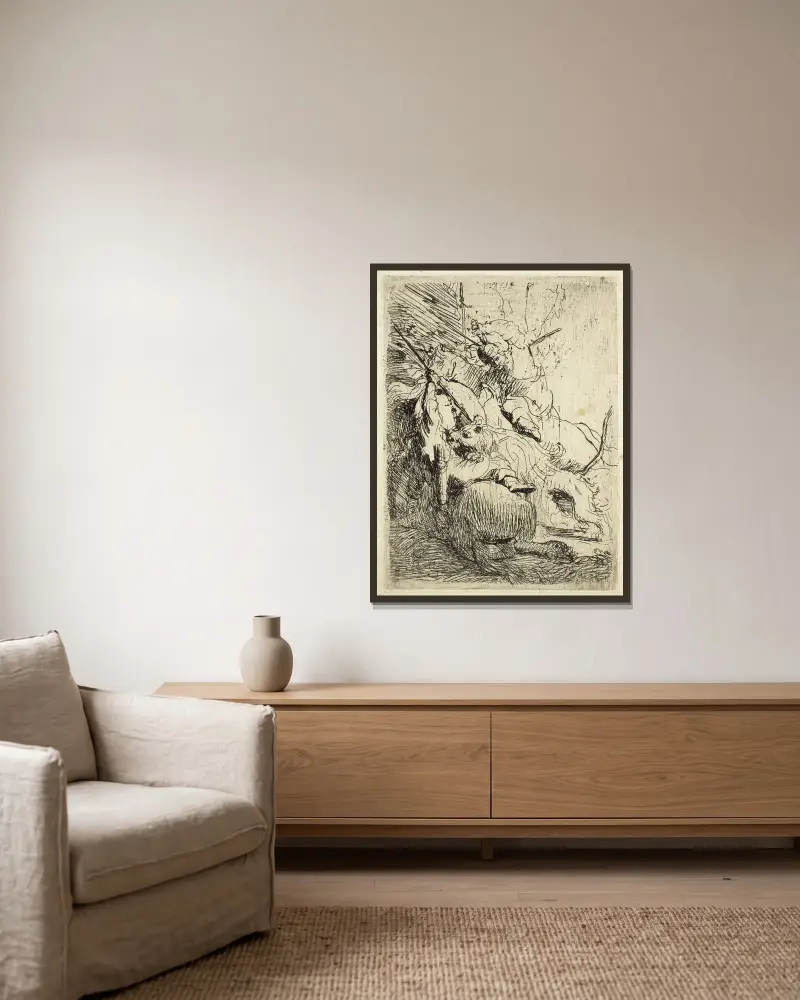 Die kleine Löwenjagd (mit einem Löwen) von Rembrandt van Rijn gerahmt an einer Wand