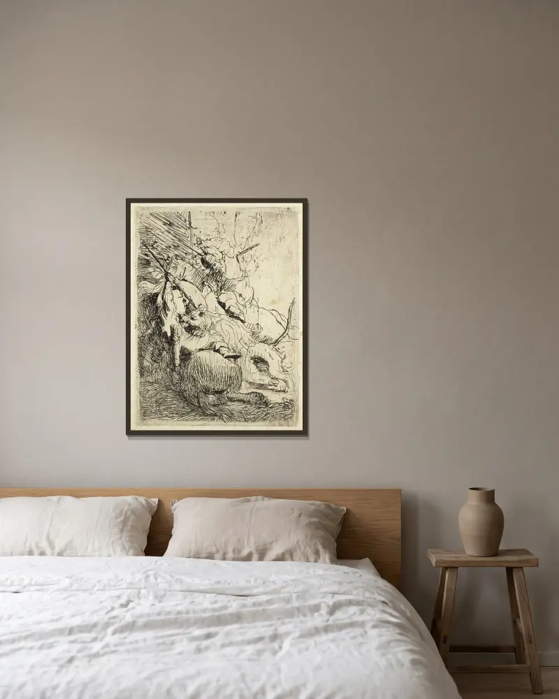 Die kleine Löwenjagd (mit einem Löwen) von Rembrandt van Rijn gerahmt an einer Wand