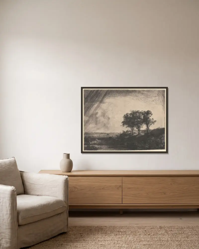 The Three Trees av Rembrandt van Rijn inramad på en vägg