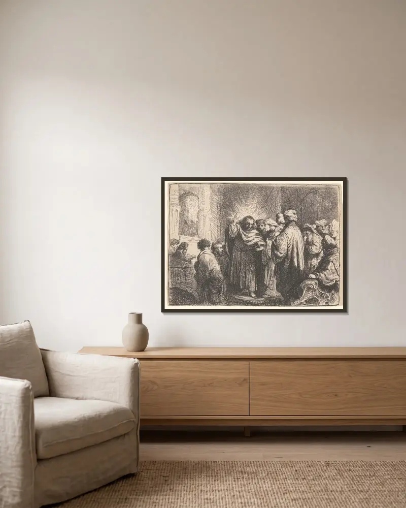 The Tribute Money av Rembrandt van Rijn inramad på en vägg