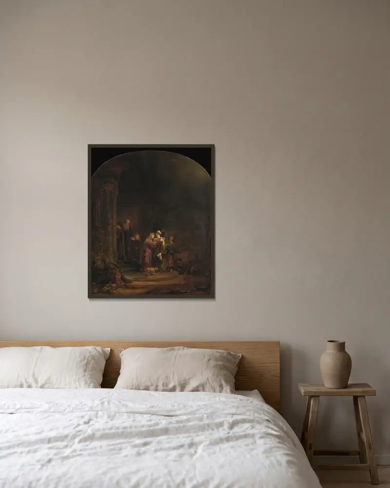 The Visitation av Rembrandt van Rijn inramad på en vägg