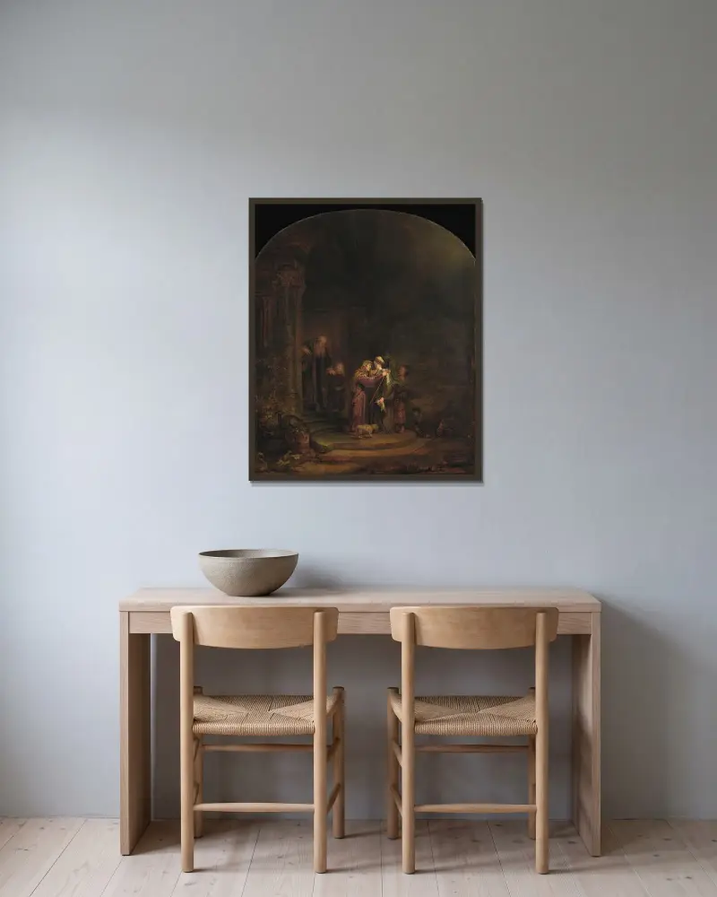 The Visitation av Rembrandt van Rijn inramad på en vägg