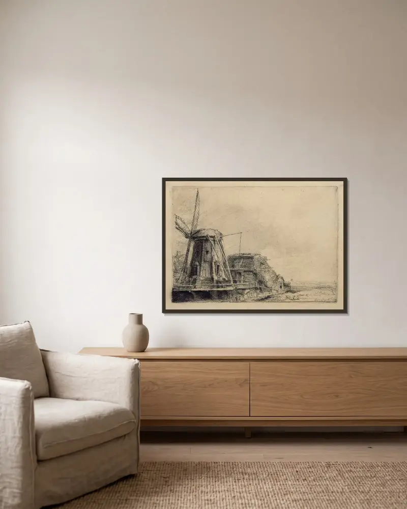 The Windmill av Rembrandt van Rijn inramad på en vägg