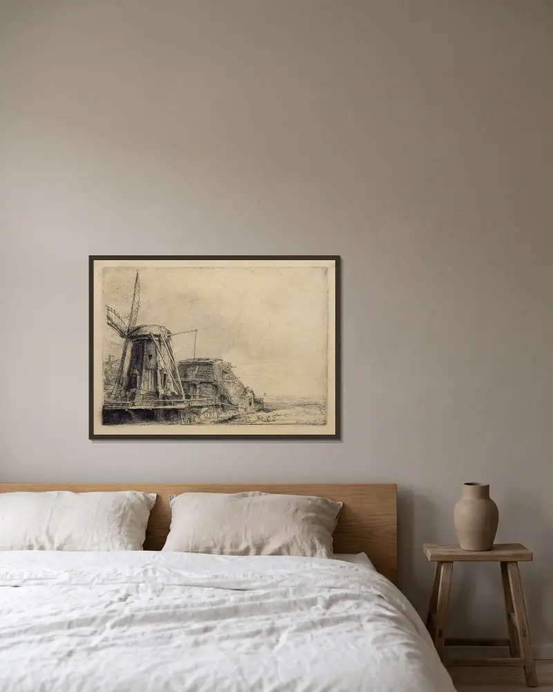 The Windmill av Rembrandt van Rijn inramad på en vägg