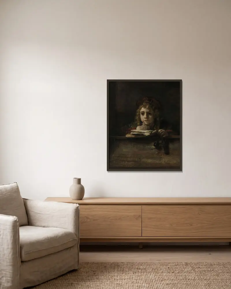 Titus am Schreibtisch von Rembrandt van Rijn gerahmt an einer Wand