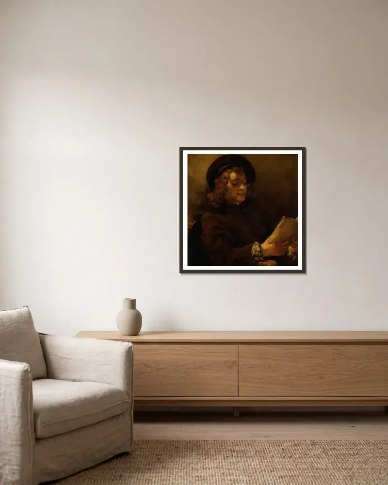 Titus van Rijn, konstnärens son, läsande av Rembrandt van Rijn inramad på en vägg