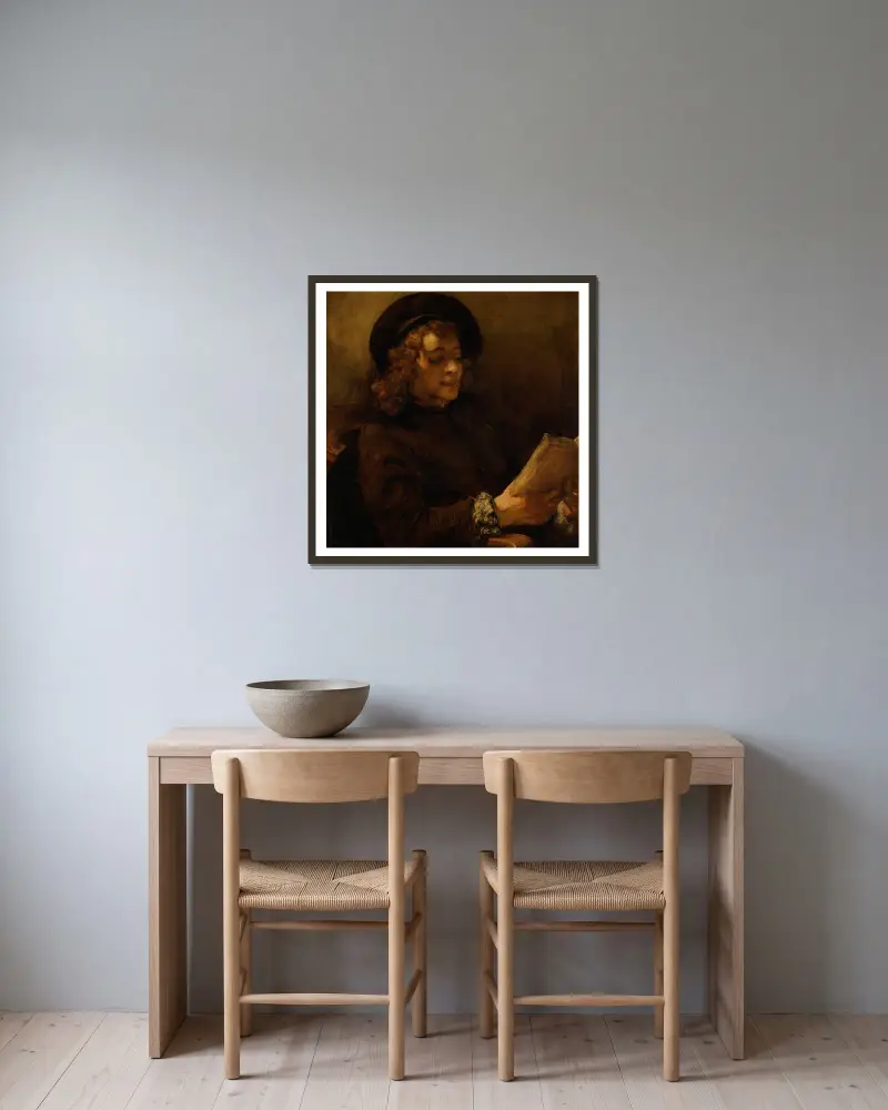 Titus van Rijn, konstnärens son, läsande av Rembrandt van Rijn inramad på en vägg