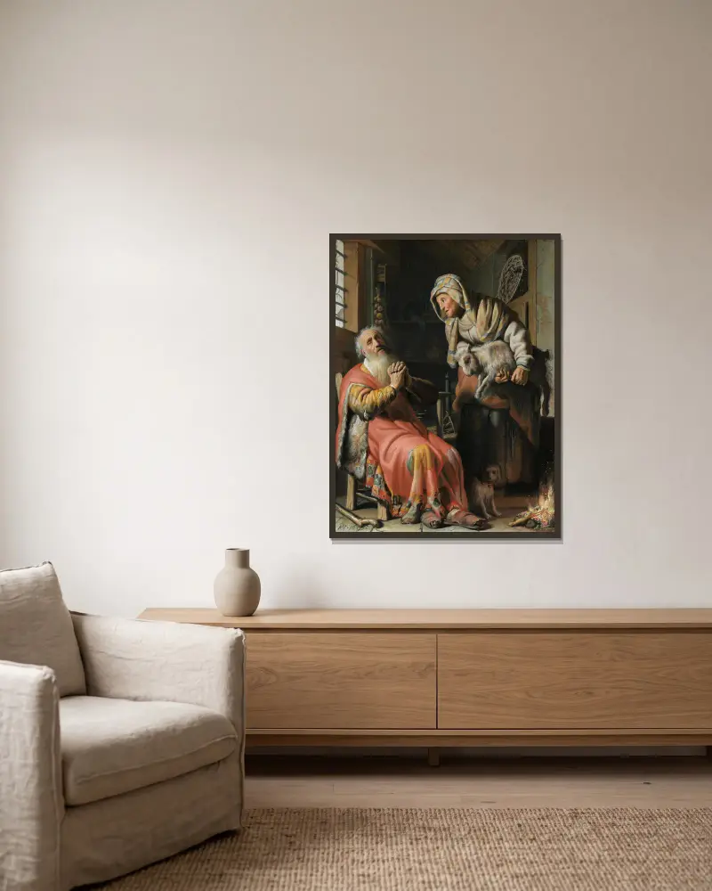 Tobit och Anna med killingen av Rembrandt van Rijn inramad på en vägg