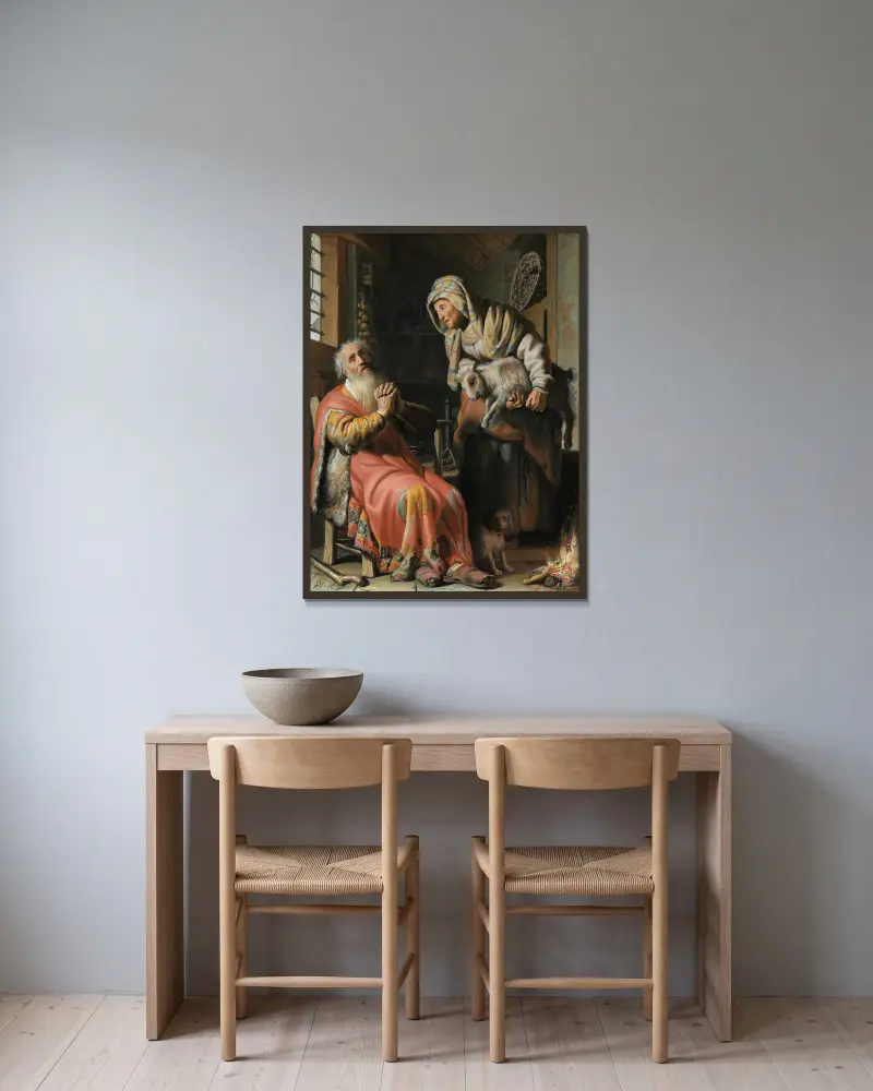 Tobit och Anna med killingen av Rembrandt van Rijn inramad på en vägg