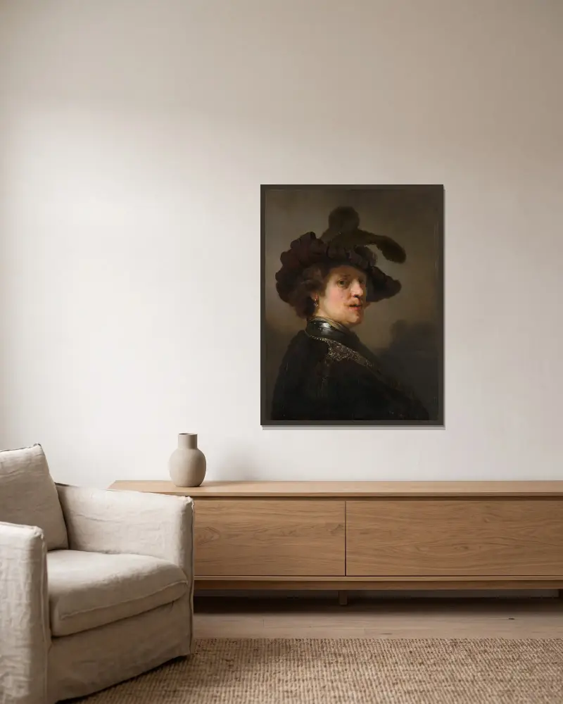 Tronie av en man med fjäderhatt av Rembrandt van Rijn inramad på en vägg