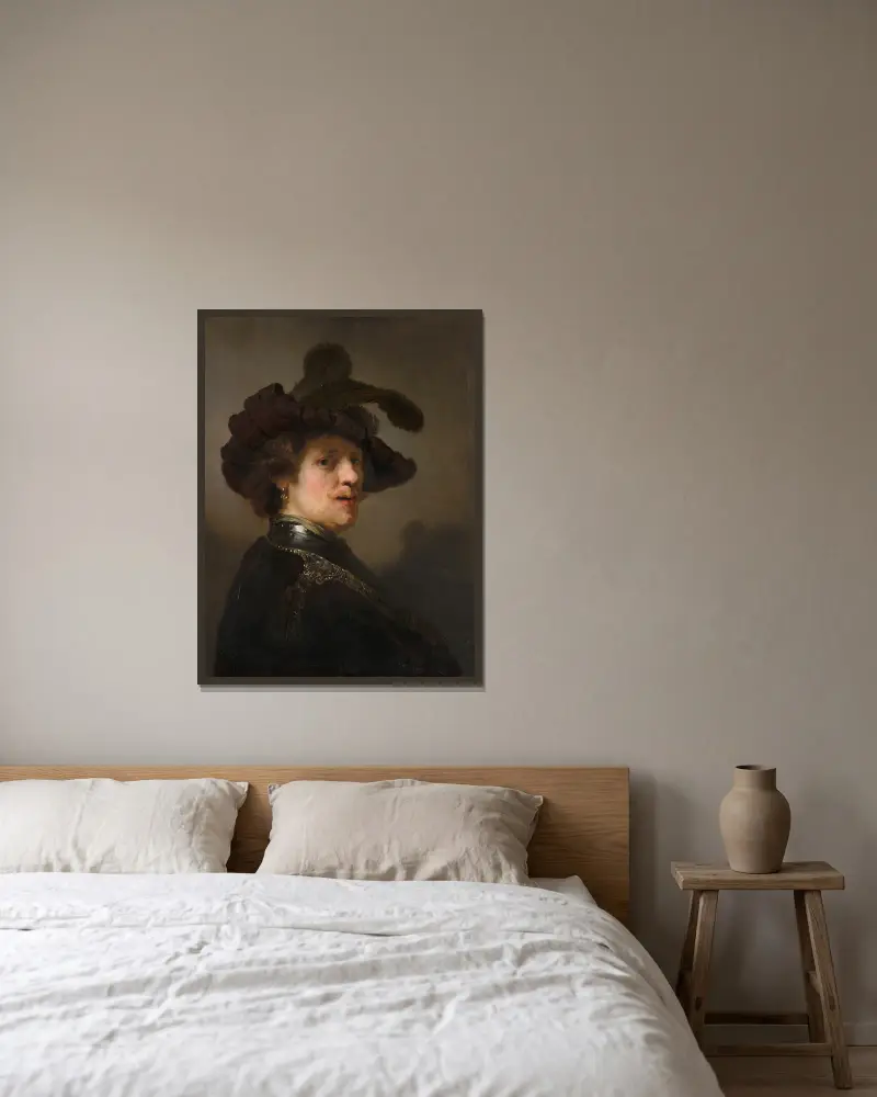 Tronie av en man med fjäderhatt av Rembrandt van Rijn inramad på en vägg
