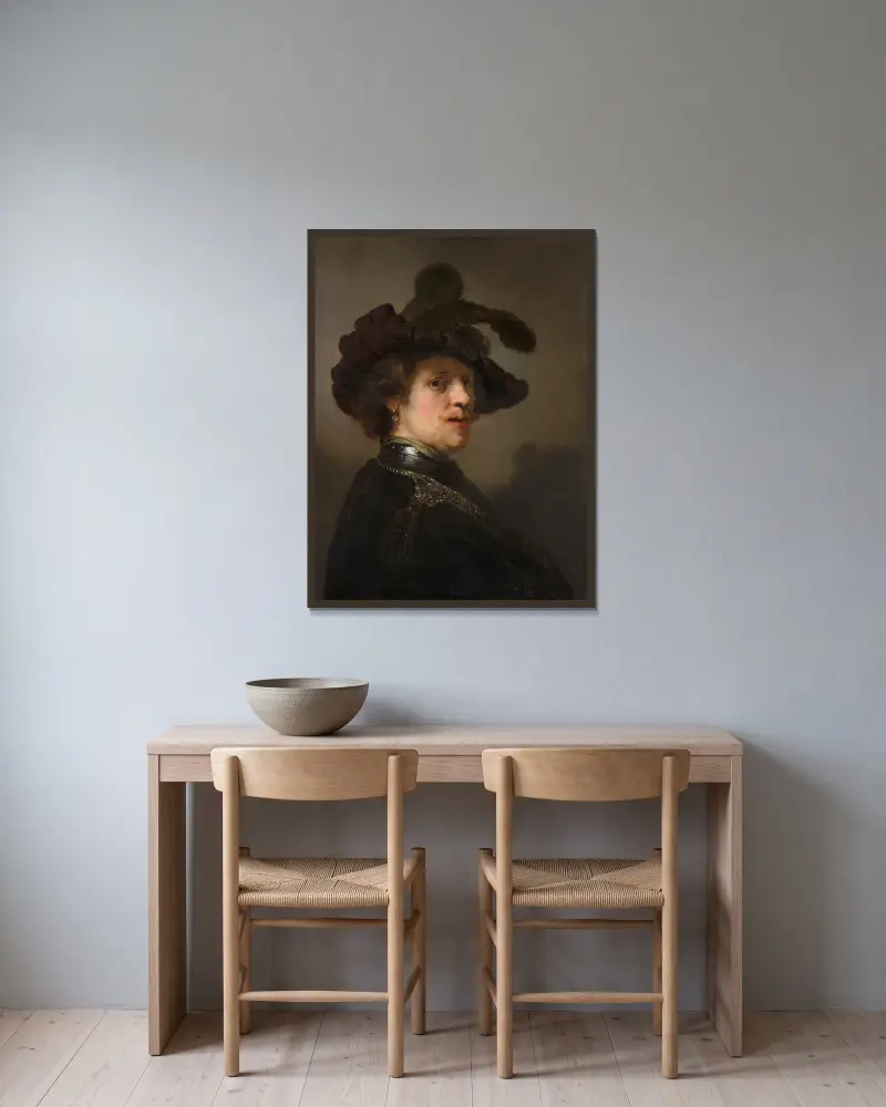 Tronie av en man med fjäderhatt av Rembrandt van Rijn inramad på en vägg