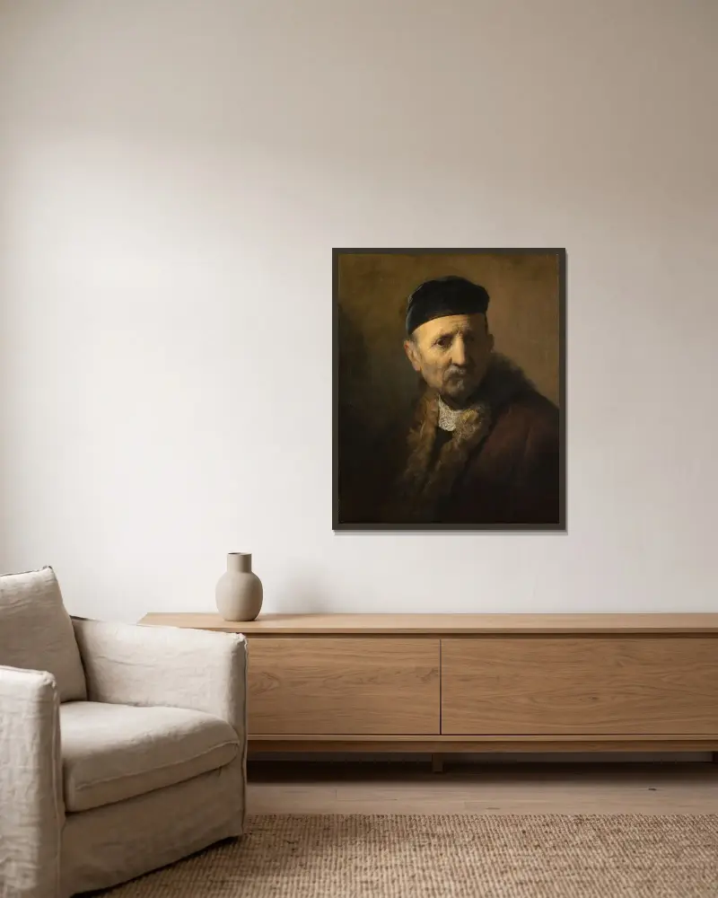 Tronie of an Old Man av Rembrandt van Rijn inramad på en vägg