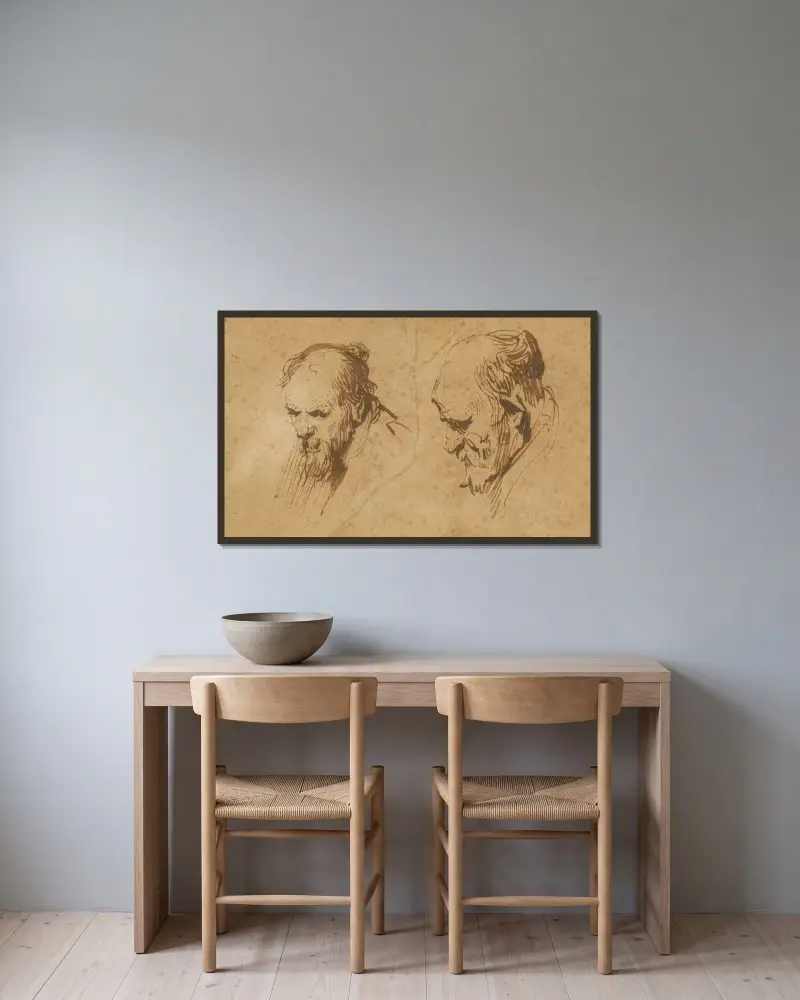 Två studier av en gammal mans huvud av Rembrandt van Rijn inramad på en vägg