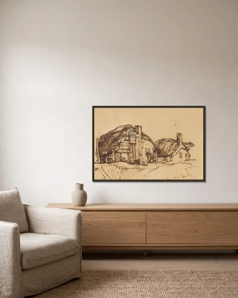 Zwei strohgedeckte Häuser mit Figuren an einem Fenster von Rembrandt van Rijn gerahmt an einer Wand