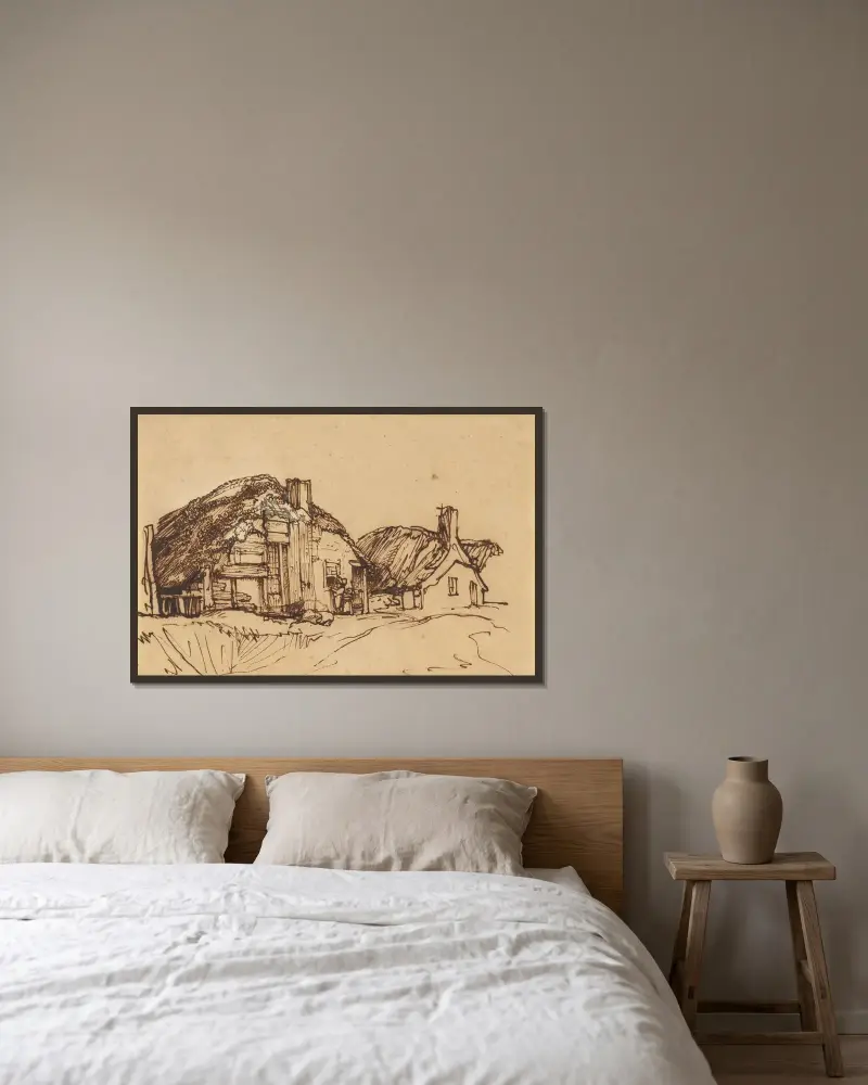 Zwei strohgedeckte Häuser mit Figuren an einem Fenster von Rembrandt van Rijn gerahmt an einer Wand