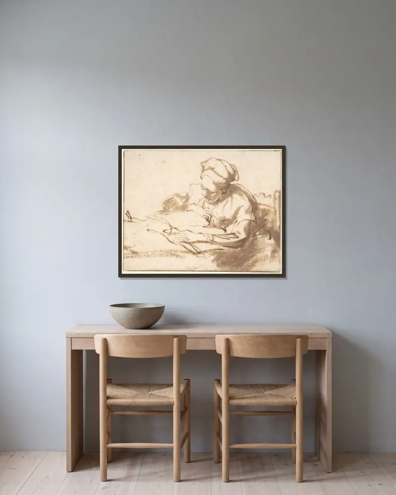 Woman Reading – nr 1 av Rembrandt van Rijn inramad på en vägg