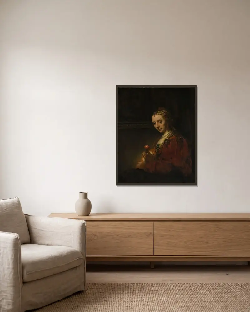 Woman with a Pink av Rembrandt van Rijn inramad på en vägg