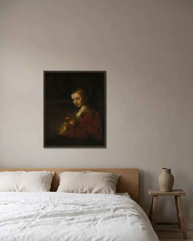Woman with a Pink av Rembrandt van Rijn inramad på en vägg