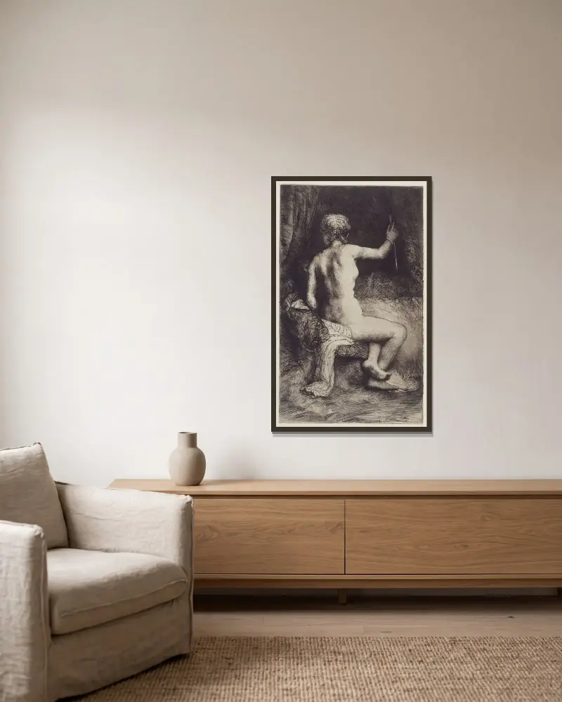 Frau mit dem Pfeil von Rembrandt van Rijn gerahmt an einer Wand