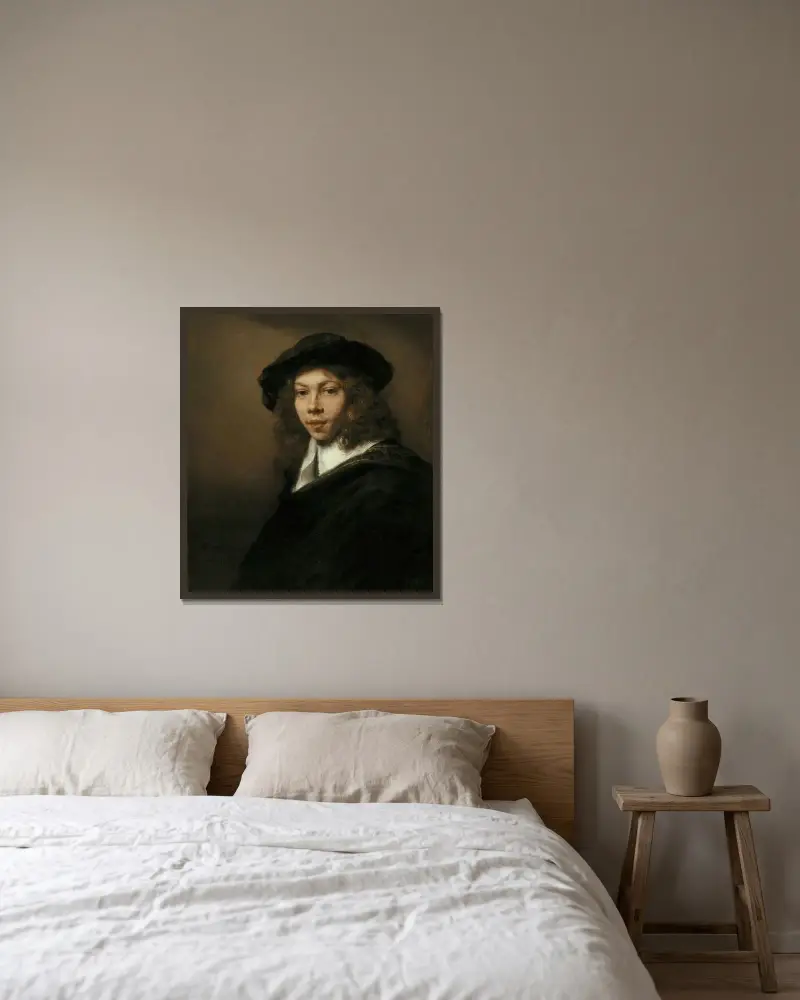 Young Man in a Black Beret av Rembrandt van Rijn inramad på en vägg